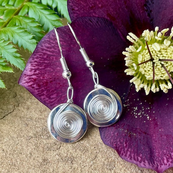 Button Earrings - 1cm Silver-Tone Handmade Gift for Button Lovers - Sewing Haberdashers - Upcycled Buttons with Silver Wirework Swirl Spiral