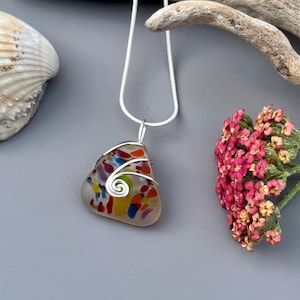 Spotty Multicolour Triangular Glass Pendant Necklace with Silver Wire Wrap Spiral Swirl Handmade Jewellery