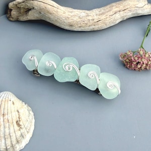 Genuine Sea Glass Hair Clip: Seafoam Aqua Green Blue Silver Wirework Barrette, Beachcomber Treasure Accessory
