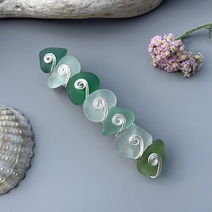 Genuine Sea Glass Hair Clip: Silver Wirework Swirl Spiral Green Aqua Teal Beach Glass