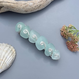 Genuine Sea Glass Hair Clip: Seafoam Aqua Green Blue Silver Wirework Barrette, Beachcomber Treasure Accessory
