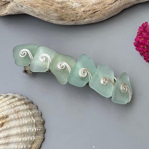 Genuine Sea Glass Hair Clip: Seafoam Aqua Green Blue Silver Wirework Barrette, Beachcomber Treasure Accessory