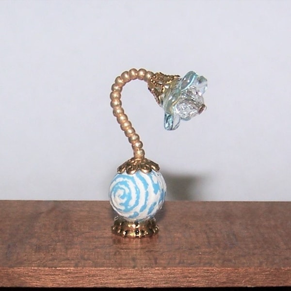 Handcrafted SMALLER Miniature Fairy Garden Or Dollhouse Beaded Blue, White & Gold Gooseneck Table Lamp - 1-1/4" Tall (Non-Electrical)