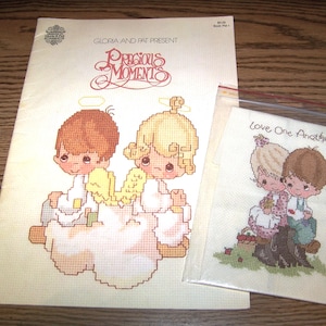 1980 Designs By Gloria & Pat PRECIOUS MOMENTS Cross Stitch Booklet - Religious/Inspirational Sayings - Includes COMPLETED Project