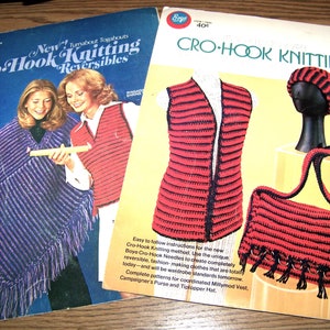 May include: Two vintage crochet pattern books with red and black striped designs. The book covers feature the text "Cro-Hook Knitting" and "New! Turnabout Togabouts Cro-Hook Knitting Reversibles".