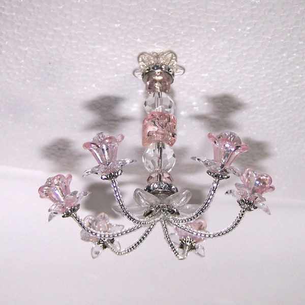 Handcrafted Miniature Fairy Garden Or Dollhouse Beaded LIGHT PINK & CLEAR Chandelier Ceiling Light - Hangs 3" (Non-Electrical)