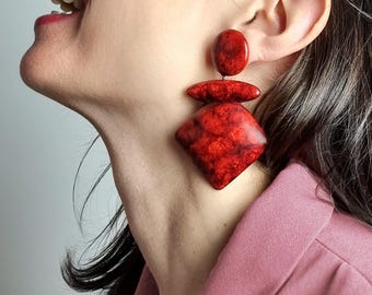 Donkerrode lange hangoorbellen voor vrouwen, bordeaux lichtgewicht dikke grote statement oorbellen, groot eigentijds polymeerklei sieraden cadeau