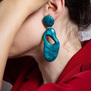 Teal lightweight long dangle earrings for women, unique mismatch statement earrings, large contemporary polymer clay jewelry gift