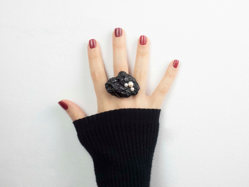 Black statement ring for women bold contemporary polymer clay jewelry with genuine Freshwater pearls
