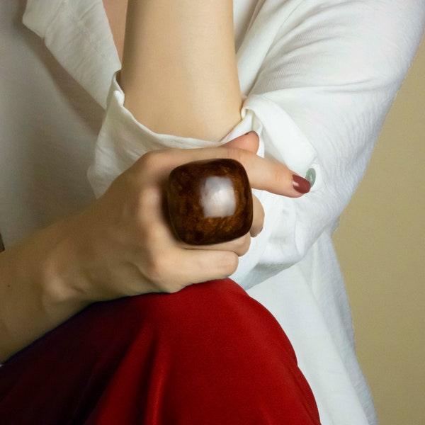 Bold Brown statement ring, big chunky rings for women, contemporary polymer clay jewelry, large square cocktail ring