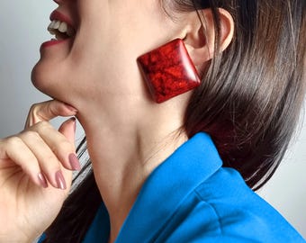 Vierkante oorstekers voor vrouwen, bordeauxrode lichtgewicht grote statementoorbellen, stevige eigentijdse polymeerklei sieraden cadeau