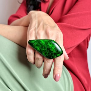 Chunky green statement ring, bold big rings for women, oversized contemporary polymer clay jewelry, large triangle cocktail ring