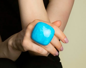 Turquoise blue statement ring, big square rings for women, contemporary polymer clay jewelry, large chunky cocktail ring