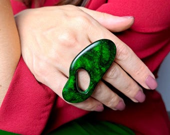 Unique statement ring, dark green oval big rings for women, contemporary polymer clay jewelry, large unusual cocktail ring