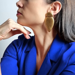 Lightweight long stud earrings for women, handmade big Gold statement earrings, large bold contemporary polymer clay jewelry gift
