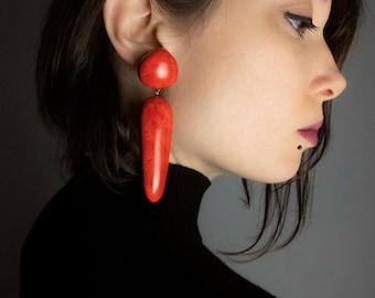 Big dangle earrings for women, oversized red statement earrings, lightweight chunky polymer clay jewelry