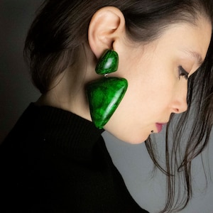 Big dangle earrings for women, oversized green statement earrings, lightweight chunky polymer clay jewelry