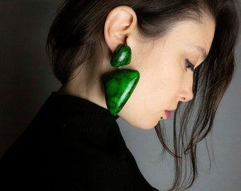 Big dangle earrings for women, oversized green statement earrings, lightweight chunky polymer clay jewelry