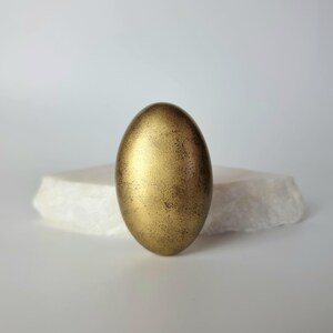K&ouml;nnte beinhalten: Ein goldfarbenes, eif&ouml;rmiges Objekt mit strukturierter Oberfl&auml;che. Das Ei steht auf einem wei&szlig;en, unregelm&auml;&szlig;ig geformten Stein vor einem wei&szlig;en Hintergrund. Das Ei hat eine metallische Oberfl&auml;che mit dunkleren braunen Akzenten.