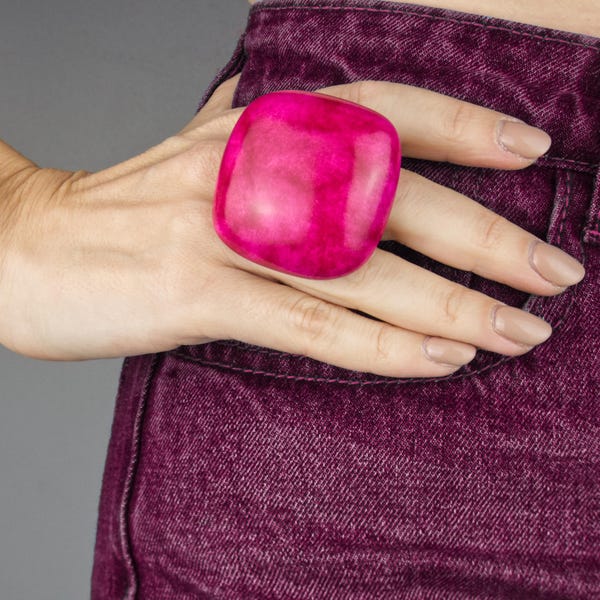 Bright pink statement ring, big chunky rings for women, contemporary polymer clay jewelry, square large cocktail ring