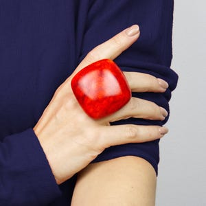Bold red statement ring, big chunky rings for women, contemporary polymer clay jewelry, large square cocktail ring