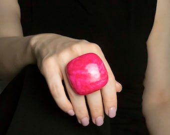 Bright pink statement ring, big chunky rings for women, contemporary polymer clay jewelry, square large cocktail ring