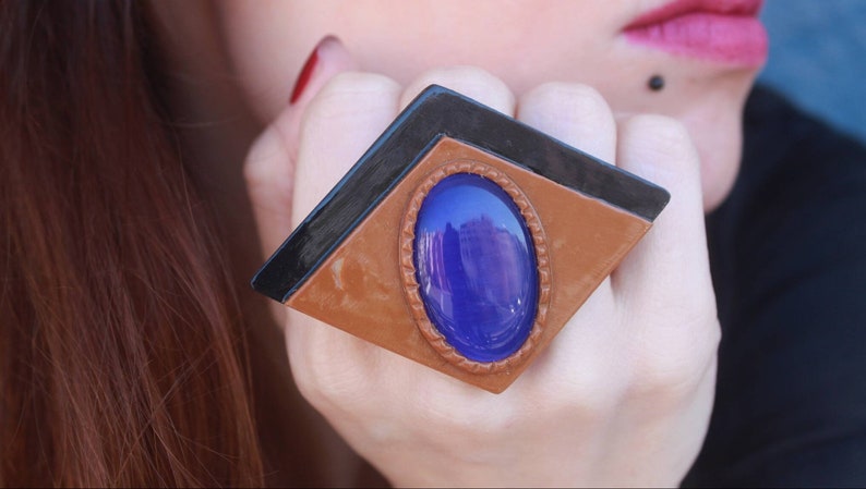 oversize rings for women Bold large statement ring modern geometric polymer clay jewelry big navy blue polymer clay ring