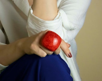 Bold red statement ring, big chunky rings for women, contemporary polymer clay jewelry, large square cocktail ring