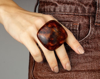 Bold Brown statement ring, big chunky rings for women, contemporary polymer clay jewelry, large square cocktail ring