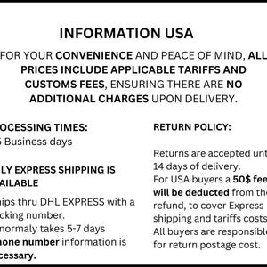 K&ouml;nnte beinhalten: Eine schwarz-wei&szlig;e Grafik mit dem Text "INFORMATION USA". Der Text enth&auml;lt Details zu Bearbeitungszeiten, Versandinformationen und R&uuml;ckgabebedingungen. Das Bild gibt an, dass die Preise Z&ouml;lle und Zollgeb&uuml;hren beinhalten.
