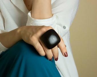 Bold black statement ring, big chunky rings for women, contemporary polymer clay jewelry, large square cocktail ring