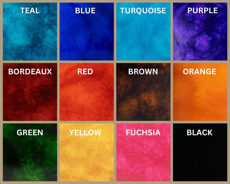 Op de afbeelding: Een raster van twaalf vierkante kleurvlakken met gestructureerde patronen. De gelabelde kleuren zijn teal, blue, turquoise, purple, bordeaux, red, brown, orange, green, yellow, fuchsia en black, elk met de naam in witte tekst.