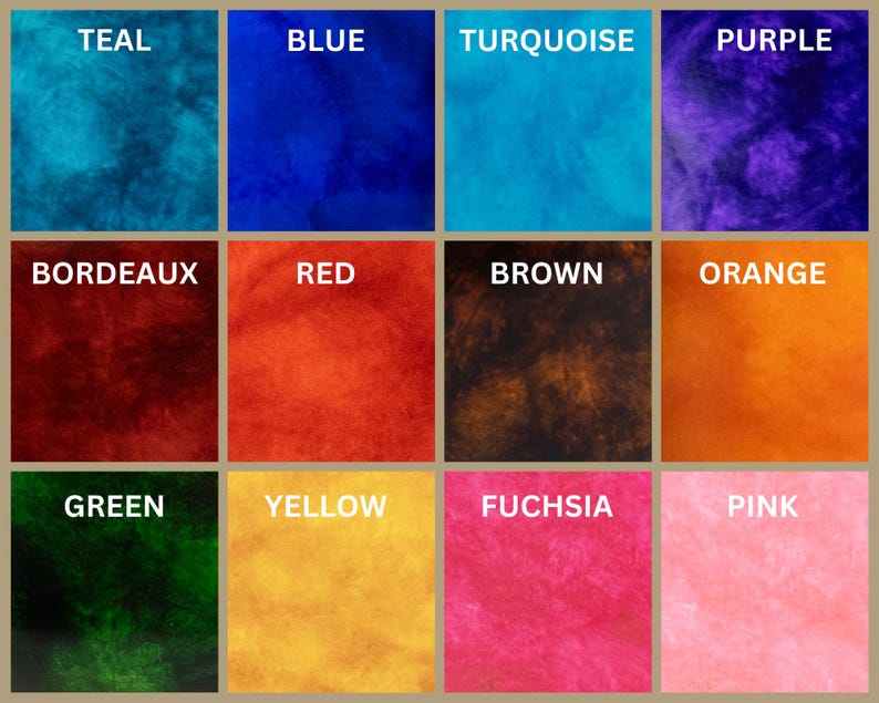 May include: A grid of twelve square color swatches featuring a marbled texture. Each square is labeled with white text: Teal, Blue, Turquoise, Purple, Bordeaux, Red, Brown, Orange, Green, Yellow, Fuchsia, and Pink, arranged in three rows.