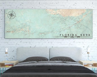 FLORIDA KEYS FL Canvas Print With Names Florida Keys fl Vintage City map Horizontal Panoramic Wall Art Home decor Over Bed large poster map