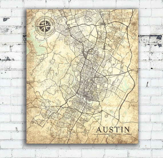AUSTIN TX Canvas Print Texas TX Vintage map Austin tx City Map Etsy