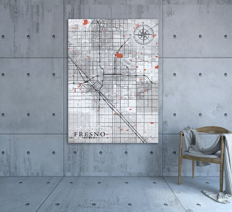 Fresno Ca Canvas Print California Vintage Map Fresno City Etsy