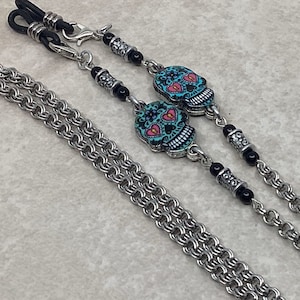 Sugar Skull Eyeglass  Chain, Silver Eyeglass Chain, Day of the Dead Reading Glasses Holder, Eyeglass Leash, Glasses Chain, Sunglasses Holder