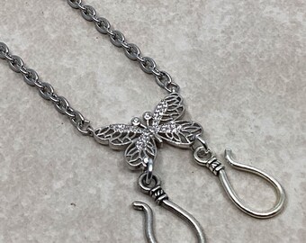 Sparkly Butterfly Double Hook Portuguese Knitting Necklace, Butterfly Gift for Knitter, Andean Turkish Bosnian Knitting