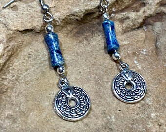 African Pyrite Dangle Earrings, Blue Stone Boho Earrings, Lightweight Dainty Earrings