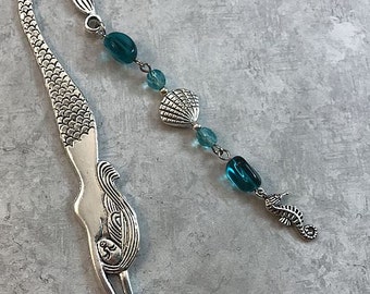 Mermaid Bookmark, Seahorse Beaded Shepherd Hook Bookmark, Beaded Metal Bookmarker, Book Hook Bookmark, Beach Bookmark