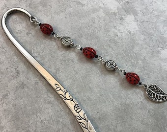 Ladybug Bookmark, Lady Bug Beaded Shepherd Hook Bookmark,  Metal Bookmark, Red Bookmarker, Book Lover Gift