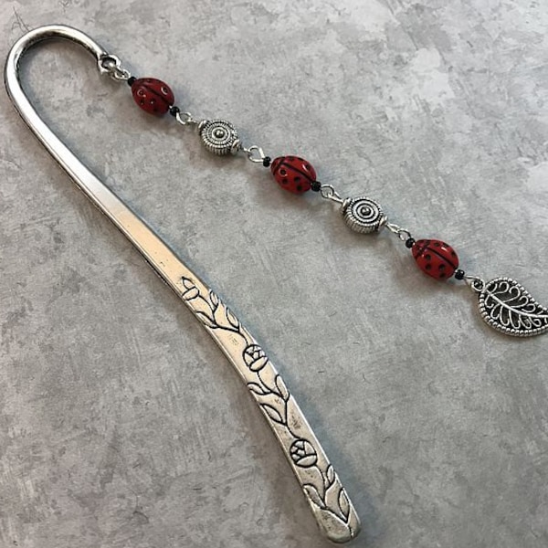 Ladybug Bookmark, Lady Bug Beaded Shepherd Hook Bookmark,  Metal Bookmark, Red Bookmarker, Book Lover Gift