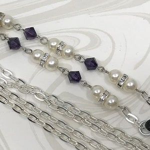 Purple Velvet and Cream Pearl Eyeglass Chain with Swarovski™ beads ,Beaded  Reading Glasses Holder, Sunglasses Silver Eyeglass Chain