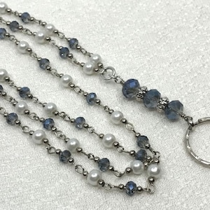 Blue with White Pearls Beaded Lanyard,  ID Badge Holder, Lanyard ID Holder, Breakaway option