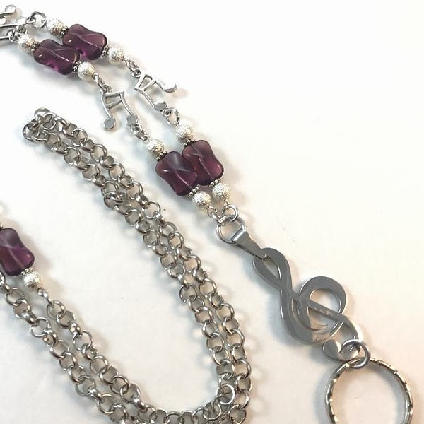 Music Lover Lanyard, Purple Beaded Lanyard, Silver Chain Lanyard, ID Badge Holder, Badge Chain, Badge Lanyard  - Breakaway Optional