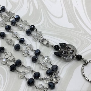 Kitty Cat Lanyard, Black Crystal Lanyard, ID Badge Holder, Beaded Badge Holder, Beaded Lanyard, Lanyard ID Holder,  Breakaway Option