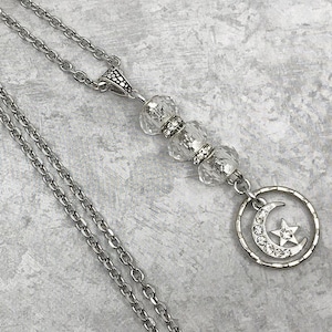 Moon and Stars Crystal with Rhinestones Chain Lanyard, Silver Chain Beaded ID Badge Holder - Breakaway Optional