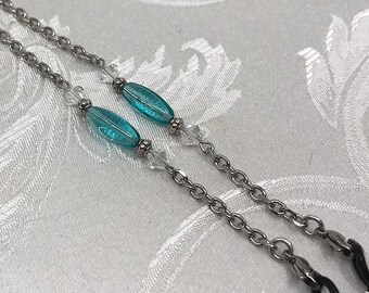 Aqua Oval & Crystal Beaded Eyeglass Chain with Swarovski™ beads, Beaded  Reading Glasses Holder, Sunglasses Silver Eyeglass Chain