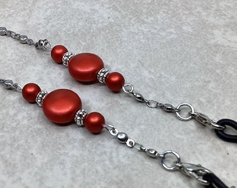 Rouge Red Coin Pearl Eyeglass Chain w  Austrian Crystal Pearls,  Reading Glasses Holder, Silver Chain for Glasses, Sunglasses Holder