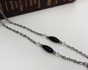 Black Oval & Crystal Beaded Eyeglass Chain with Swarovski™ beads, Beaded  Reading Glasses Holder, Sunglasses Silver Eyeglass Chain